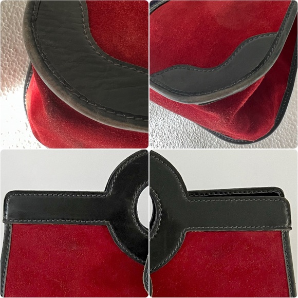 Vintage Gucci 1970s hand bag with cut out top handle red Nubuck navy leather web - Picture 15 of 17